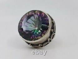 MASSIVE vintage Fine Sterling Silver & Mystic Topaz Glass Ring Size 8.5