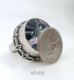MASSIVE vintage Fine Sterling Silver & Mystic Topaz Glass Ring Size 8.5