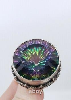MASSIVE vintage Fine Sterling Silver & Mystic Topaz Glass Ring Size 8.5
