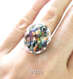 MEXICO Glass Art Ring Sz 7.5 Sterling Silver 925 Vintage Multicolored