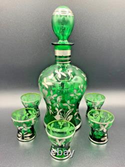 MURANO Sterling Silver Overlay Emerald Green Glass Bottle Decanter Set 5 Glasses