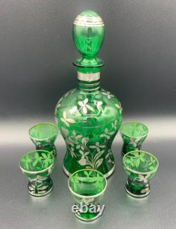 MURANO Sterling Silver Overlay Emerald Green Glass Bottle Decanter Set 5 Glasses