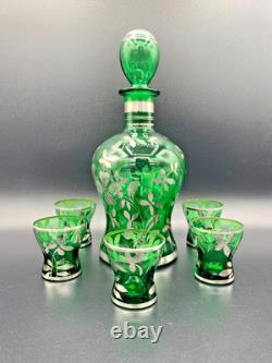 MURANO Sterling Silver Overlay Emerald Green Glass Bottle Decanter Set 5 Glasses