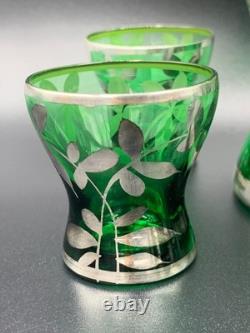 MURANO Sterling Silver Overlay Emerald Green Glass Bottle Decanter Set 5 Glasses