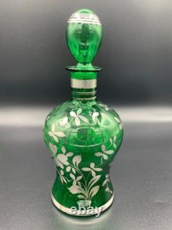 MURANO Sterling Silver Overlay Emerald Green Glass Bottle Decanter Set 5 Glasses