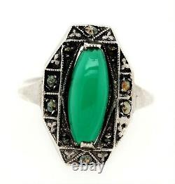 Marcasite & Green Glass Sterling Silver Art Deco Ring Vintage Jewellery