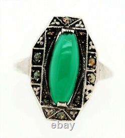 Marcasite & Green Glass Sterling Silver Art Deco Ring Vintage Jewellery