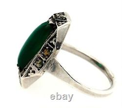 Marcasite & Green Glass Sterling Silver Art Deco Ring Vintage Jewellery