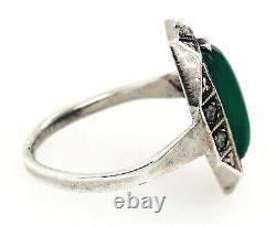 Marcasite & Green Glass Sterling Silver Art Deco Ring Vintage Jewellery