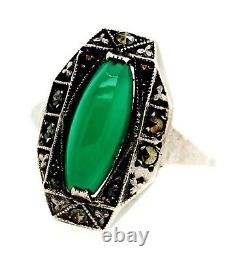 Marcasite & Green Glass Sterling Silver Art Deco Ring Vintage Jewellery