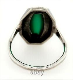 Marcasite & Green Glass Sterling Silver Art Deco Ring Vintage Jewellery