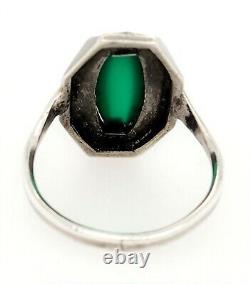 Marcasite & Green Glass Sterling Silver Art Deco Ring Vintage Jewellery