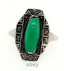 Marcasite & Green Glass Sterling Silver Art Deco Ring Vintage Jewellery