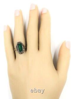 Marcasite & Green Glass Sterling Silver Art Deco Ring Vintage Jewellery