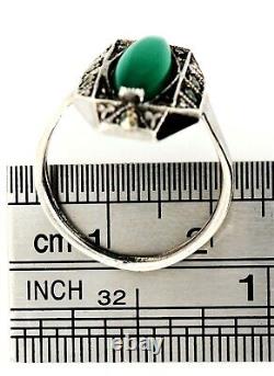 Marcasite & Green Glass Sterling Silver Art Deco Ring Vintage Jewellery