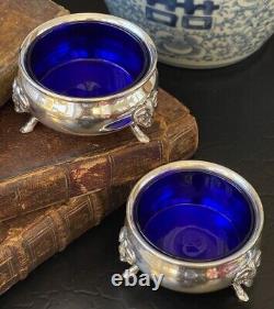 Marvelous Rare Sterling Silver Ram Cobalt Open Salt Pair American c1935 2.75