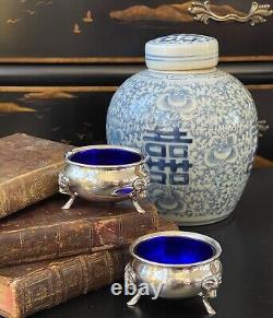 Marvelous Rare Sterling Silver Ram Cobalt Open Salt Pair American c1935 2.75