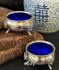 Marvelous Rare Sterling Silver Ram Cobalt Open Salt Pair American c1935 2.75