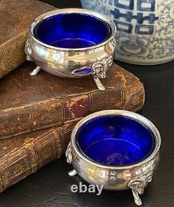 Marvelous Rare Sterling Silver Ram Cobalt Open Salt Pair American c1935 2.75