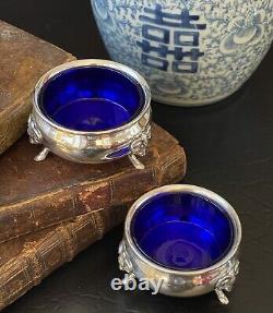 Marvelous Rare Sterling Silver Ram Cobalt Open Salt Pair American c1935 2.75