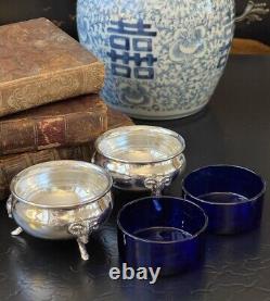 Marvelous Rare Sterling Silver Ram Cobalt Open Salt Pair American c1935 2.75