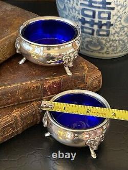 Marvelous Rare Sterling Silver Ram Cobalt Open Salt Pair American c1935 2.75