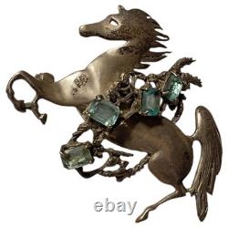 Masterly 1970s Modernist Sterling Silver Blue Topaz Glass stone Horse PinBrooch