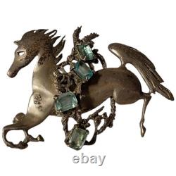 Masterly 1970s Modernist Sterling Silver Blue Topaz Glass stone Horse PinBrooch