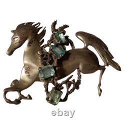 Masterly 1970s Modernist Sterling Silver Blue Topaz Glass stone Horse PinBrooch