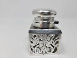 Matched Pair Sterling Silver Overlay On Glass Art Nuevo Inkwells