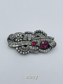 Mecan Antique French Sterling Silver Red & Clear Glass Duette Clip Brooch Pin