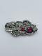 Mecan Antique French Sterling Silver Red & Clear Glass Duette Clip Brooch Pin