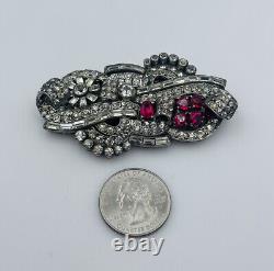 Mecan Antique French Sterling Silver Red & Clear Glass Duette Clip Brooch Pin