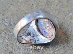 Mens Vintage Sterling Silver Ring Foil Glass Art Opal Size 9 Oval Cabochon 10.9g