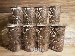 Mexico SNR. 925 Sterling Silver Sleeved 5 1/8 Antique Glass Tumbler Set of 8