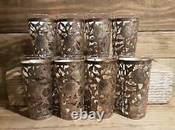 Mexico SNR. 925 Sterling Silver Sleeved 5 1/8 Antique Glass Tumbler Set of 8