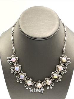 Mexico Sterling Silver Opal Glass Cabochon Collar Necklace 16