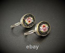 Micro Mosaic Earrings in Sterling Silver, Italy, Grand Tour, Souvenir Jewelry