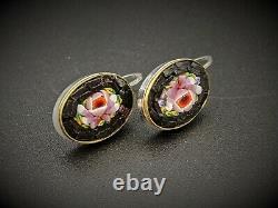 Micro Mosaic Earrings in Sterling Silver, Italy, Grand Tour, Souvenir Jewelry