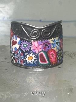 Millefiori ring cigar band floral flowers rope design glass sterling silver size