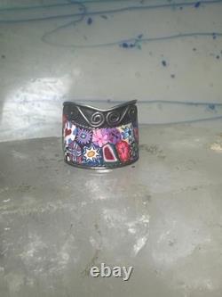Millefiori ring cigar band floral flowers rope design glass sterling silver size