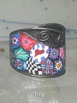 Millefiori ring cigar band floral flowers rope design glass sterling silver size