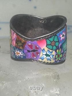 Millefiori ring cigar band floral flowers rope design glass sterling silver size