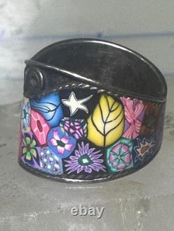 Millefiori ring cigar band floral flowers rope design glass sterling silver size