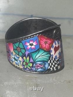 Millefiori ring cigar band floral flowers rope design glass sterling silver size