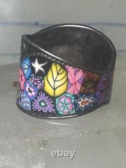 Millefiori ring cigar band floral flowers rope design glass sterling silver size
