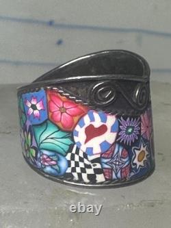 Millefiori ring cigar band floral flowers rope design glass sterling silver size