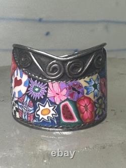 Millefiori ring cigar band floral flowers rope design glass sterling silver size