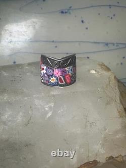 Millefiori ring cigar band floral flowers rope design glass sterling silver size