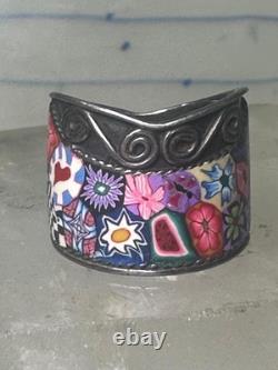 Millefiori ring cigar band floral flowers rope design glass sterling silver size